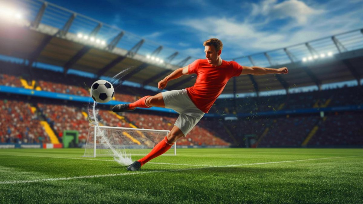 Illustration de la physique d'un tir puissant au football. Image réalisée par IA.