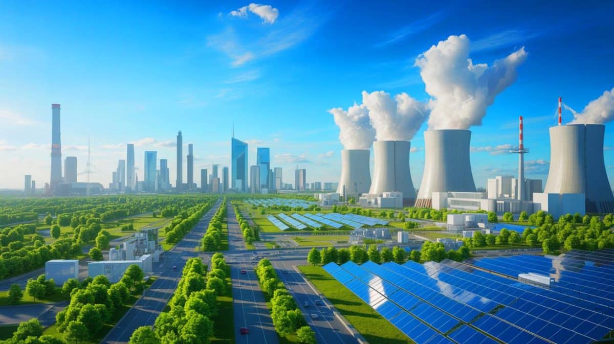 Illustration de l'Europe réévaluant son avenir énergétique avec l'intégration du nucléaire. Image réalisée par IA.
