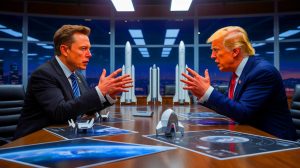 Illustration de la querelle entre Elon Musk et Donald Trump concernant les contrats de SpaceX. Image réalisée par IA.