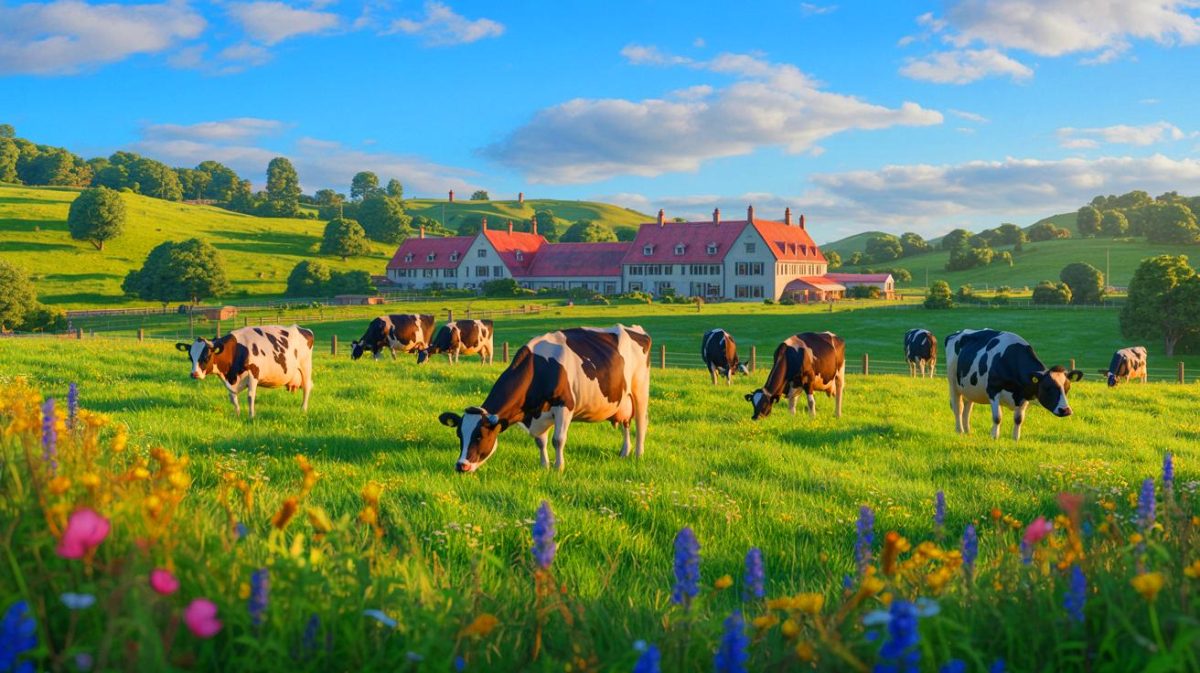 Illustration de l'impact du changement climatique sur l'alimentation des vaches et la qualité des fromages. Image réalisée par IA.