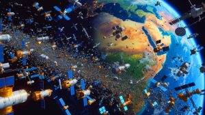 Illustration de la prolifération des mégaconstellations de satellites et ses impacts sur l'astronomie et l'environnement spatial. Image réalisée par IA.