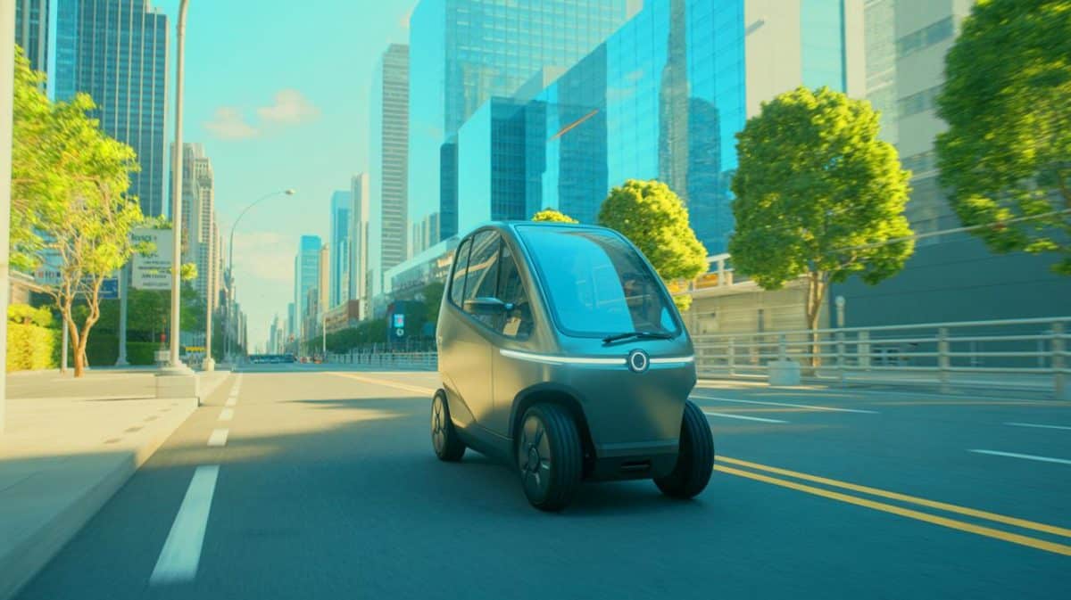 Illustration de la micro-mobilité urbaine incarnée par le véhicule hybride d'Æmotion. Image réalisée par IA.