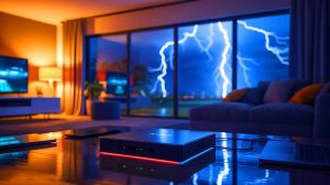 Illustration de la recommandation de débrancher sa box Internet lors d'un orage pour éviter les surtensions. Image réalisée par IA.