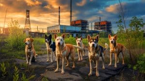 Illustration de chiens errants vivant dans la zone d'exclusion de Tchernobyl. Image réalisée par IA.