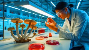 Illustration de champignons Psilocybe cubensis dans un laboratoire. Image réalisée par IA.