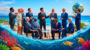 Illustration de dirigeants mondiaux réunis à Nice pour un sommet sur la préservation des océans. Image réalisée par IA.