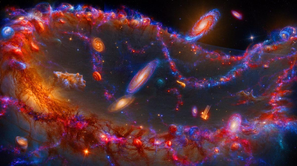 Illustration de la carte cosmique détaillée de l'Univers jeune révélée par le télescope spatial James Webb. Image réalisée par IA.