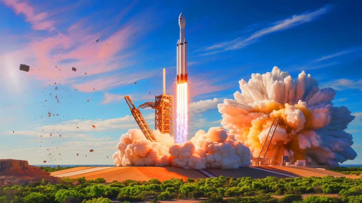 Illustration de l'explosion d'une fusée SpaceX près de la frontière mexicaine et de ses impacts environnementaux. Image réalisée par IA.
