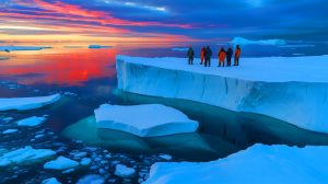Illustration de la fonte accélérée des glaces en Arctique et Antarctique. Image réalisée par IA.