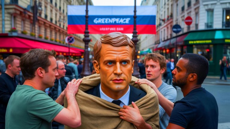 La statue de Macron kidnappée de chez Grévin et exhibée devant l&rsquo;ambassade russe par Greenpeace dans un acte audacieux et provocateur