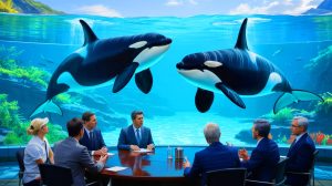 Illustration de l'impasse entre Marineland et le gouvernement concernant le sort des orques. Image réalisée par IA.