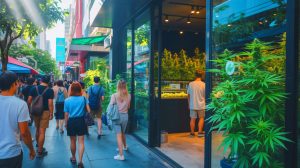 Illustration de la situation actuelle des dispensaires de cannabis en Thaïlande face aux nouvelles réglementations. Image réalisée par IA.