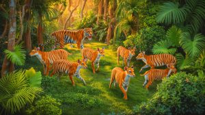 Illustration de la réintroduction de cerfs sambars dans la jungle thaïlandaise pour soutenir la population de tigres d'Indochine. Image réalisée par IA.