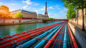 Illustration de l'utilisation de l'eau de la Seine pour refroidir les bâtiments parisiens. Image réalisée par IA.