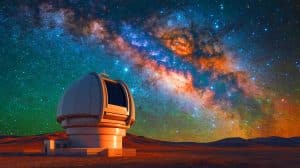 Illustration de l'observation de l'aube cosmique depuis la Terre. Image réalisée par IA.