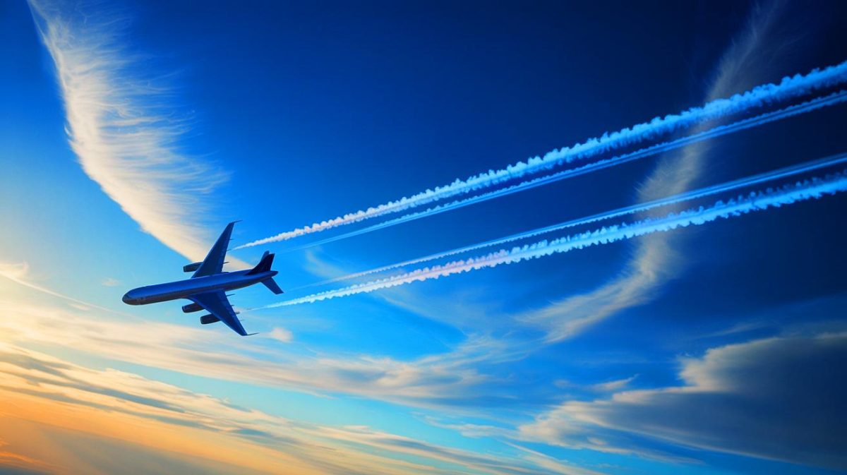 Illustration de l'impact des traînées de condensation des avions sur le réchauffement climatique. Image réalisée par IA.