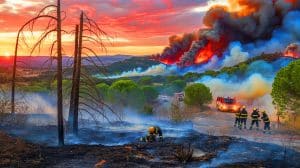Illustration de l'incendie maîtrisé dans l'Aude et des feux sous surveillance en Corse. Image réalisée par IA.