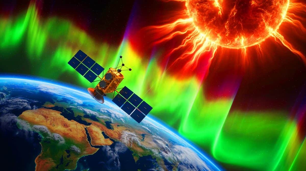 Illustration de l'impact des tempêtes solaires sur les satellites en orbite. Image réalisée par IA.