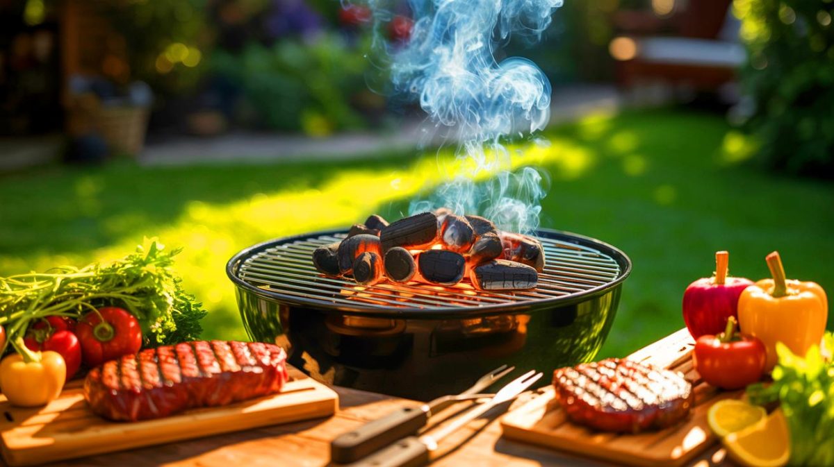 Illustration de l'art du barbecue au charbon avec des outils essentiels. Image réalisée par IA.