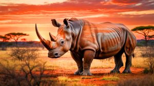 Illustration de l'écornage des rhinocéros pour réduire le braconnage en Afrique du Sud. Image réalisée par IA.