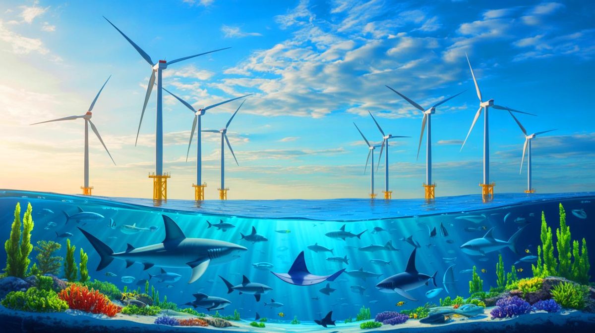 Illustration de l'impact des éoliennes offshore sur la biodiversité marine. Image réalisée par IA.