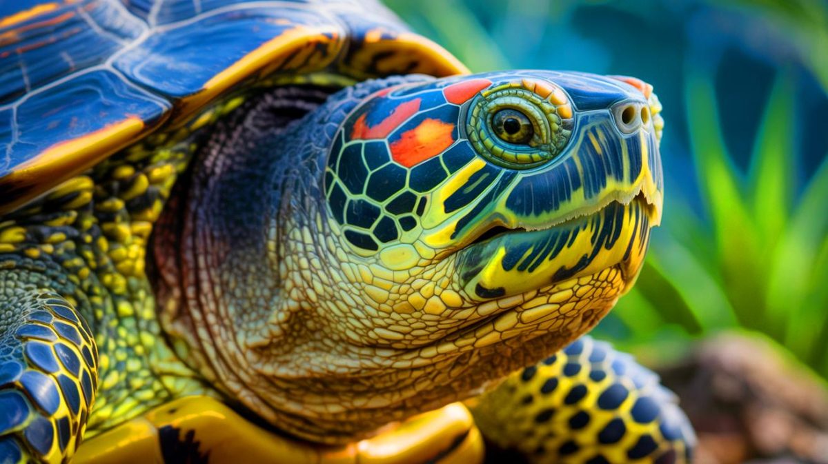 Illustration de la formation des écailles de tortue par signaux génétiques et forces mécaniques. Image réalisée par IA.
