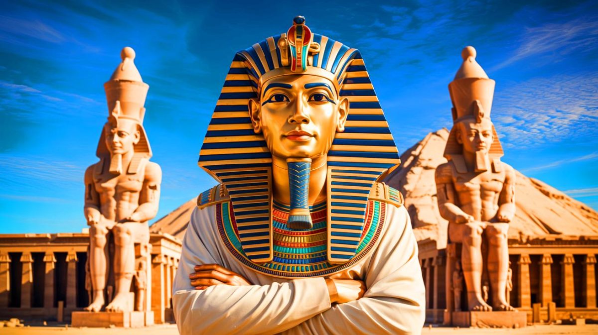 Illustration de Ramsès II devant ses réalisations architecturales monumentales. Image réalisée par IA.