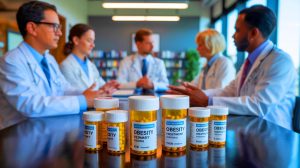 Illustration de l'élargissement des prescriptions de médicaments anti-obésité par tous les médecins en France. Image réalisée par IA.