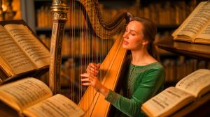 Illustration de Brigitte Lesne explorant les manuscrits de musique médiévale. Image réalisée par IA.