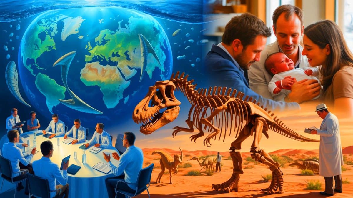 Illustration de la conférence onusienne sur l’océan et du dinosaure Khankhuuluu mongoliensis. Image réalisée par IA.