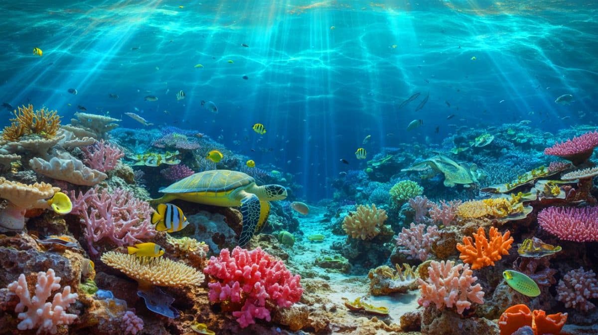 Illustration de l'acidification des océans et de ses impacts sur les écosystèmes marins. Image réalisée par IA.