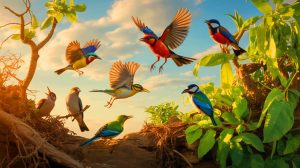 Illustration de l'impact du réchauffement climatique sur les oiseaux et leur environnement. Image réalisée par IA.