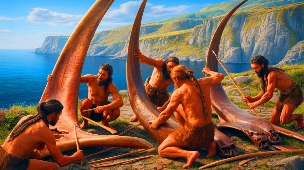 Illustration de l'utilisation des os de baleines par les humains du Paléolithique pour fabriquer des outils et des armes. Image réalisée par IA.