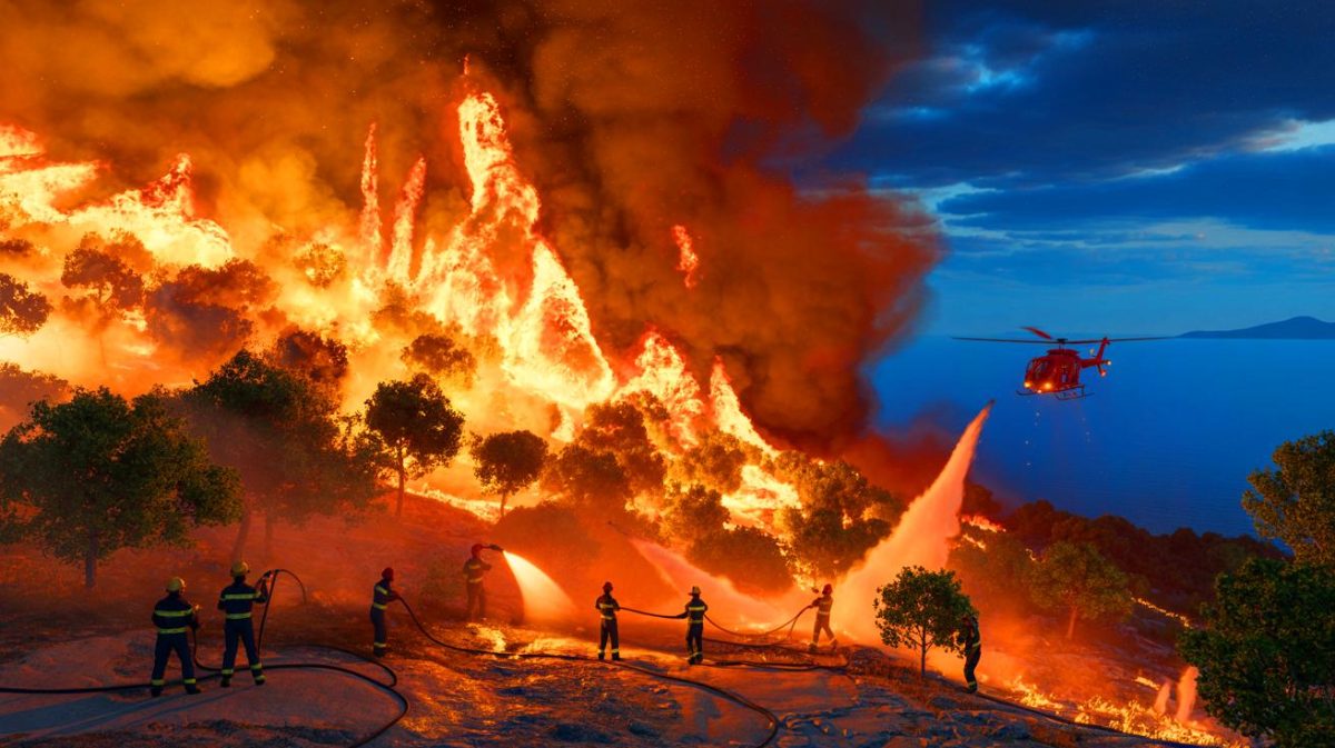 Illustration de l'île de Chios en proie à des incendies dévastateurs. Image réalisée par IA.