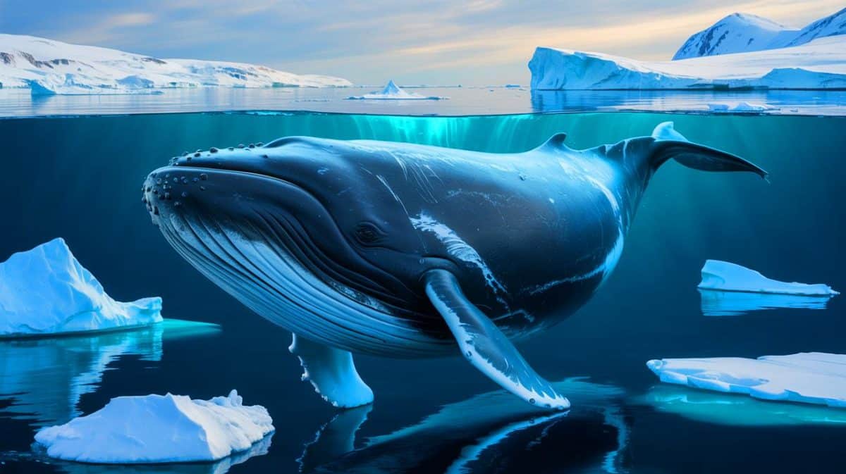 Illustration de la baleine du Groenland dans son habitat arctique. Image réalisée par IA.