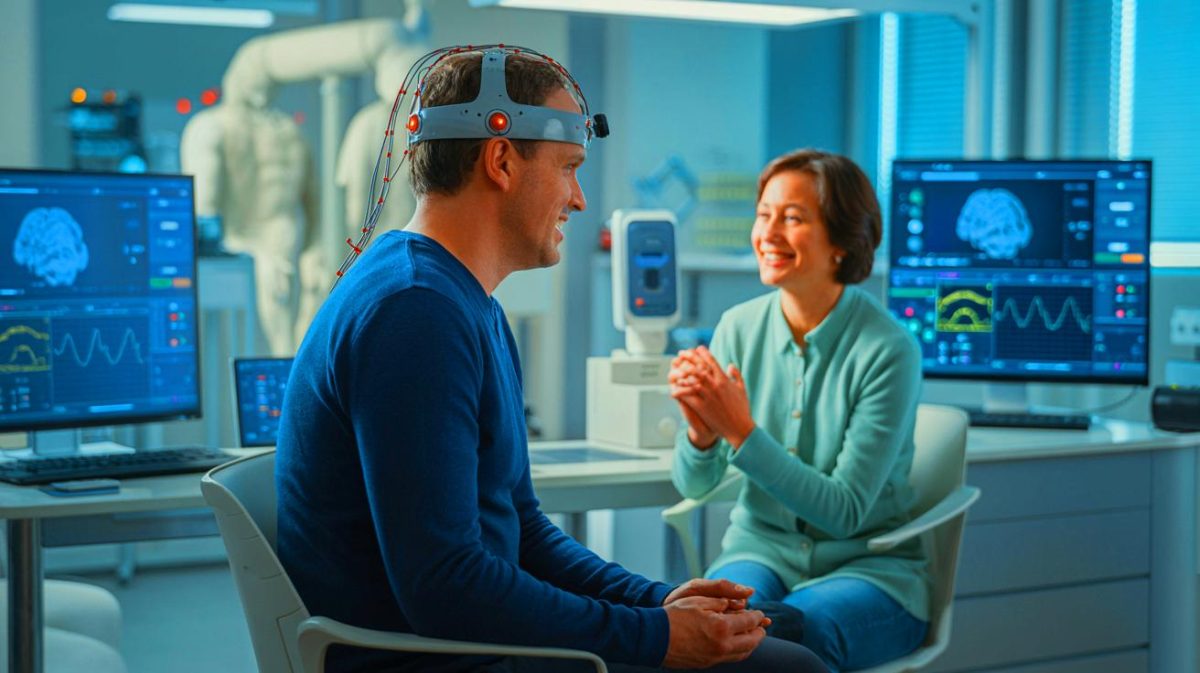 Illustration de la communication rétablie chez un patient atteint de SLA grâce à un implant cérébral. Image réalisée par IA.