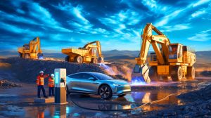 Illustration de la transition énergétique et des défis liés à l'approvisionnement en lithium pour les véhicules électriques. Image réalisée par IA.