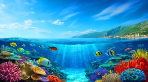 Illustration de la nouvelle stratégie de l'Union européenne pour protéger les océans face au réchauffement climatique et à la pollution. Image réalisée par IA.