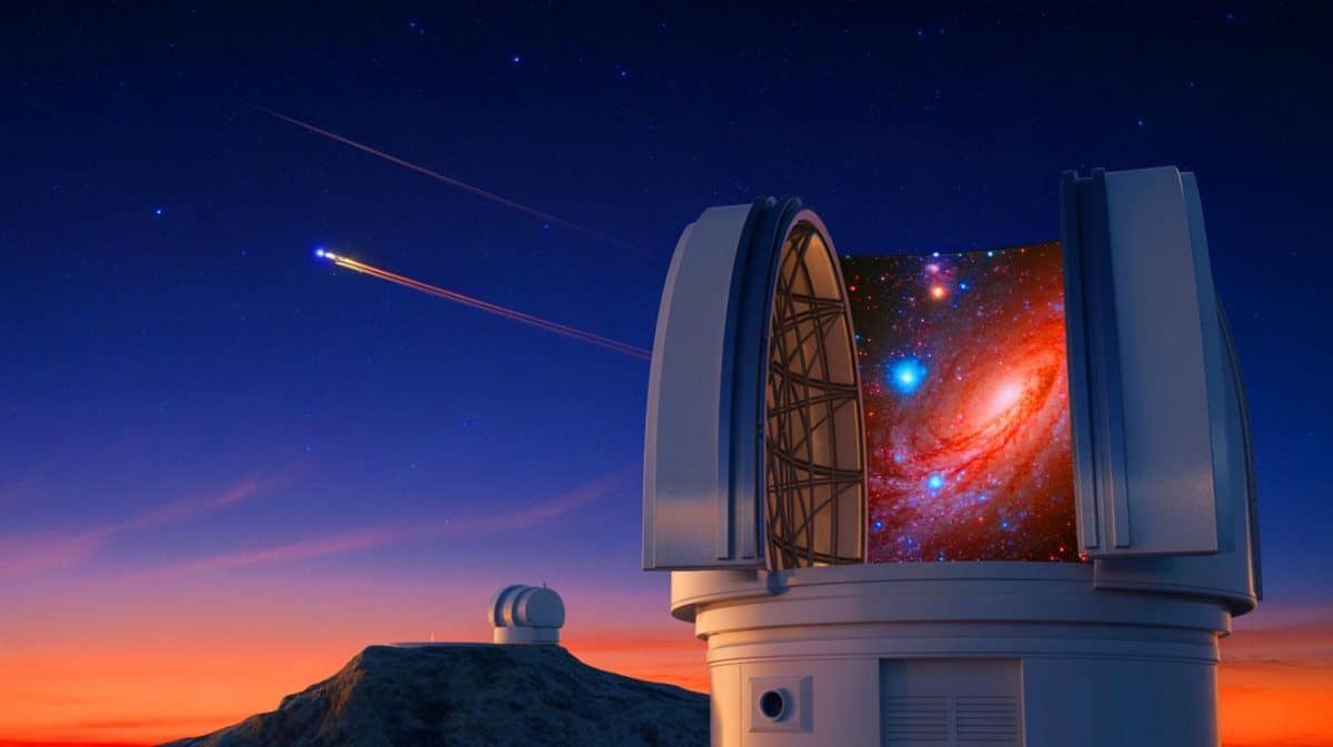 Lumières célestes et migraines soudaines : les images époustouflantes du télescope Vera Rubin révélant des traînées d’avions perturbent notre perception du ciel Illustration de la découverte cosmologique par le télescope Vera Rubin et son impact environnemental. Image réalisée par IA.
