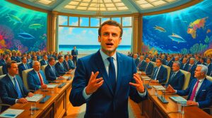Illustration de la défense du bilan écologique d'Emmanuel Macron lors d'une conférence internationale sur la protection des océans. Image réalisée par IA.