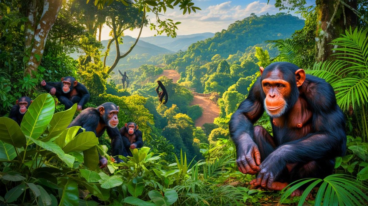 Illustration de chimpanzés orphelins au sanctuaire de Tacugama, menacé par la déforestation. Image réalisée par IA.