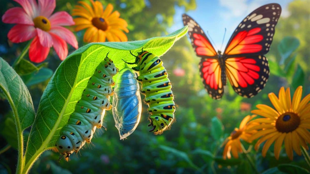 Illustration de la métamorphose des chenilles en papillons. Image réalisée par IA.