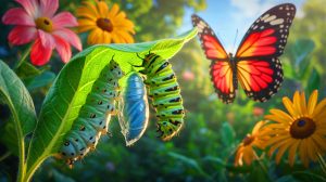 Illustration de la métamorphose des chenilles en papillons. Image réalisée par IA.