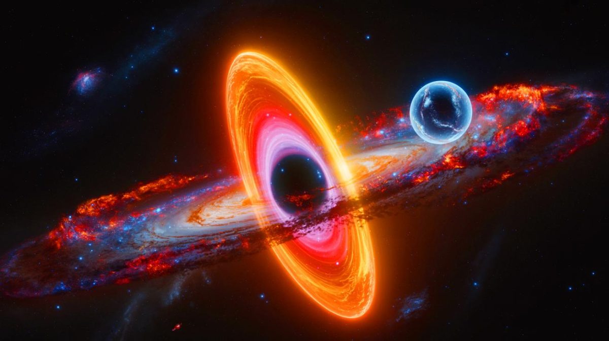 Illustration de deux galaxies déformées par un trou noir massif. Image réalisée par IA.