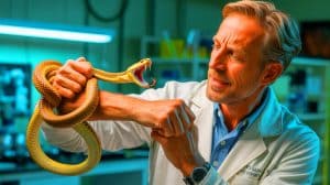Illustration de Tim Friede se laissant mordre par un serpent pour développer un antivenin universel. Image réalisée par IA.