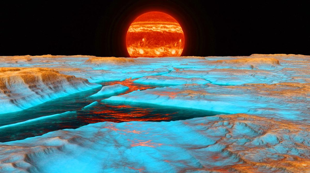 Illustration de la transformation du Soleil en géante rouge et de la possible émergence de la vie sur Europe. Image réalisée par IA.