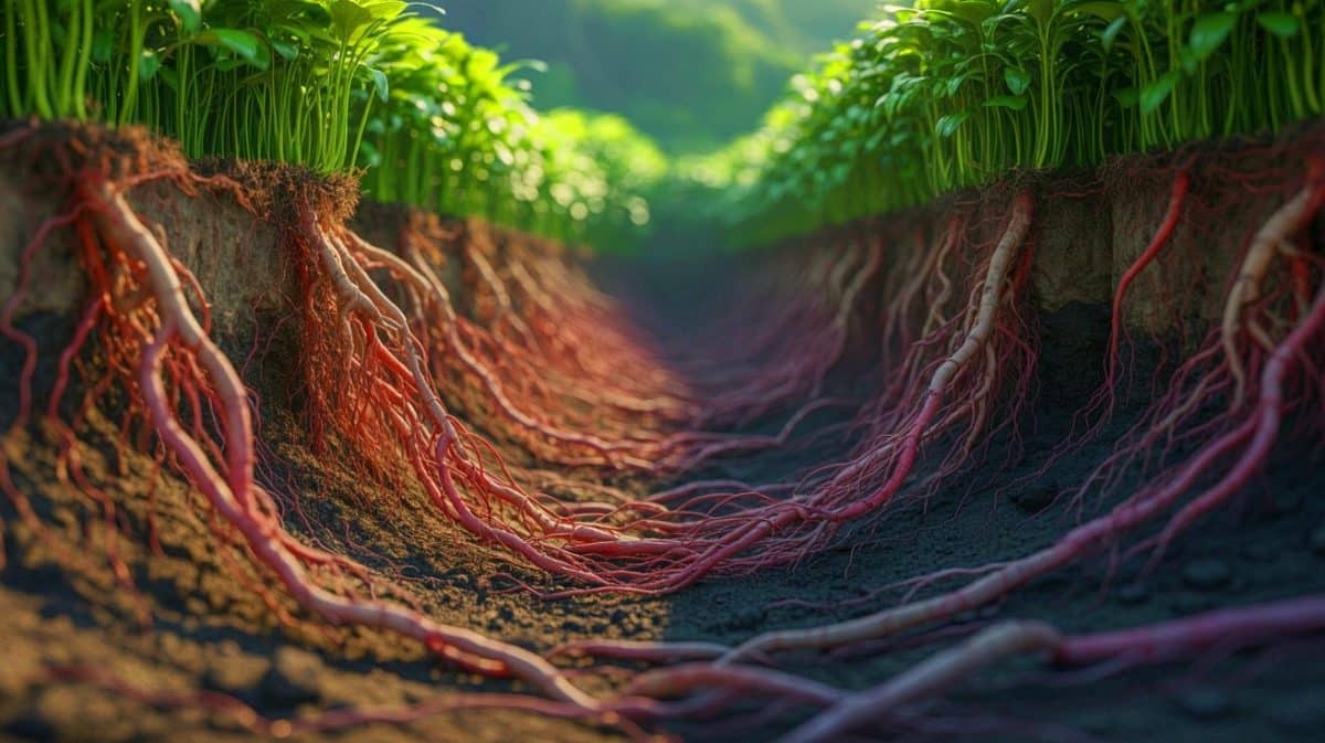 Illustration de racines profondes explorant le sol pour puiser des nutriments. Image réalisée par IA.