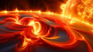 Illustration de l'intérieur du Soleil et des phénomènes physiques complexes. Image réalisée par IA.