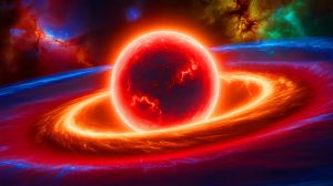 Illustration de l'étoile massive HW2 en pleine phase de croissance, entourée de son disque d'accrétion. Image réalisée par IA.