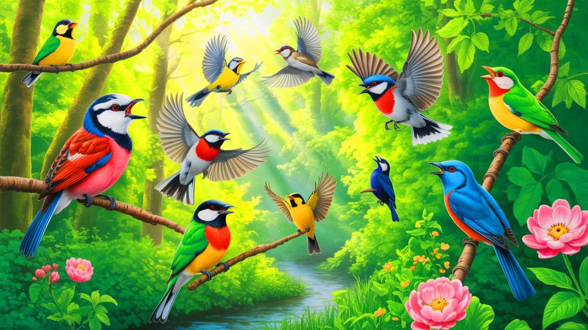 Illustration de chants d'oiseaux au printemps et leur rôle dans la communication et la reproduction. Image réalisée par IA.